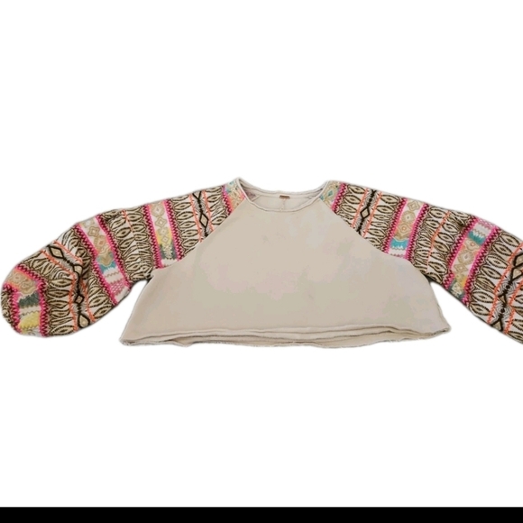 Free People Cream Cropped Embroidered Balloon Sleeve Boho Statement Sweater XS - Picture 8 of 15